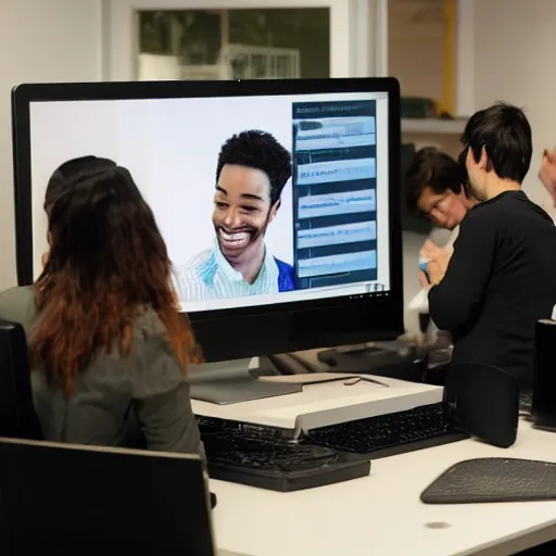 Image similar to a bunch of people around a computer looking at a chat with picture posted