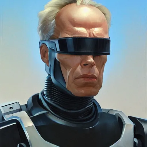 Prompt: greg manchess portrait painting of peter weller combined with the robocop as overwatch character, 8 0 ies aesthetic, medium shot, asymmetrical, profile picture, organic painting, sunny day, matte painting, bold shapes, hard edges, street art, trending on artstation, by huang guangjian and gil elvgren and sachin teng