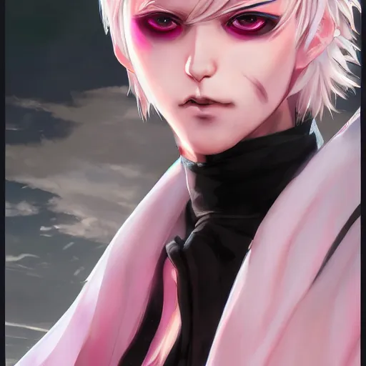 Prompt: short white hair with pink highlights parted down the middle, white hakama wearing, black sclera white pupil, anime man, full body shot, portrait made by Stanley Artgerm, WLOP, Rossdraws, James Jean Andrei Riabovitchev, Marc Simonetti, Yoshitaka Amano, Artstation