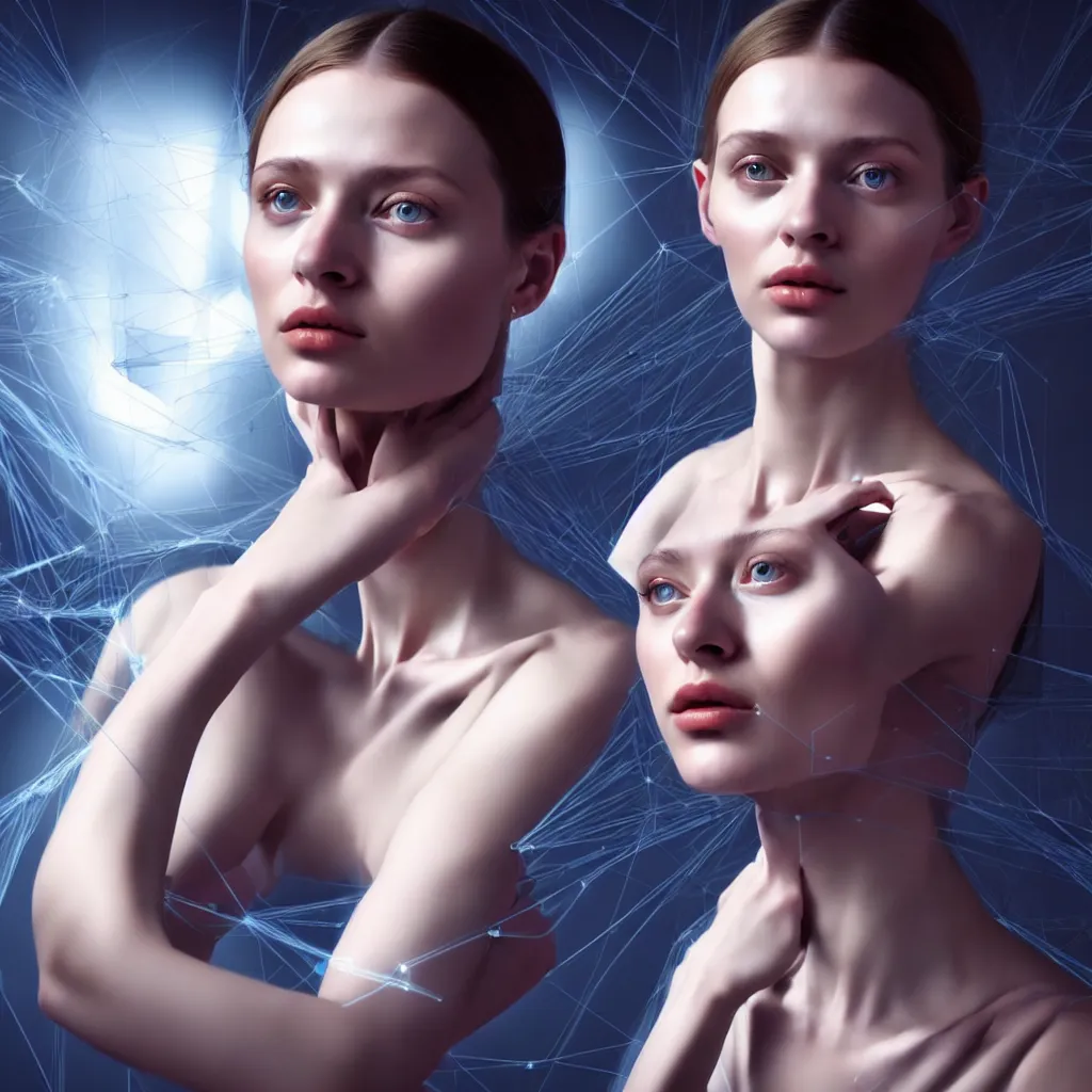 Image similar to hyperrealism photography computer simulation visualisation of parallel universe cgi scene with beautiful highly detailed ukrainian woman by caravaggio wearing neofuturistic neural interface by josan gonzalez - s 1 5 0