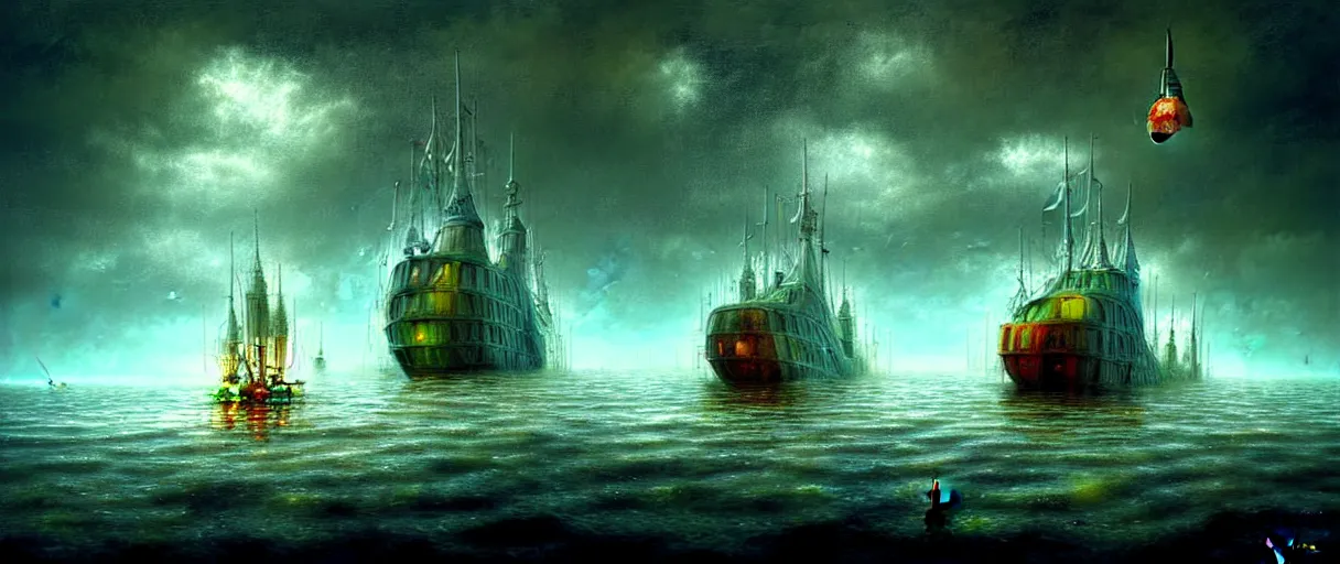 Image similar to cruising ship sailing at miniature megalopolis future, raining night at flooded miniature city, nice huge insane godrays, god helping mystic soul by, gediminas pranckevicius