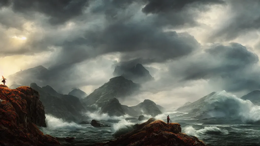 Prompt: wizard, norway fjord, natalie portman, hudson river school, max rive, stormy seas, royal dress, f 1 6, bokeh, gentle, female, snowy, storm clouds, god rays, close up portrait, d & d, fantasy, elegant, teal orange color palette, concept art, roger deakins and greg rutkowski and alphonse mucha