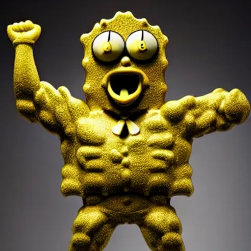 Prompt: a bronze statue of Spongebob Squarepants, extremely muscled , studio lighting