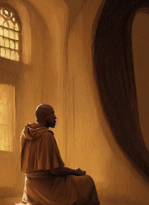 Image similar to oil painting of a weeping tonsured dominican monk in a brown habit, kneeling in a dark empty chapel, hazy, digital art, artstation, cinematic, golden hour, digital art painting by greg rutkowski, cozy atmosphere, cinematic lighting