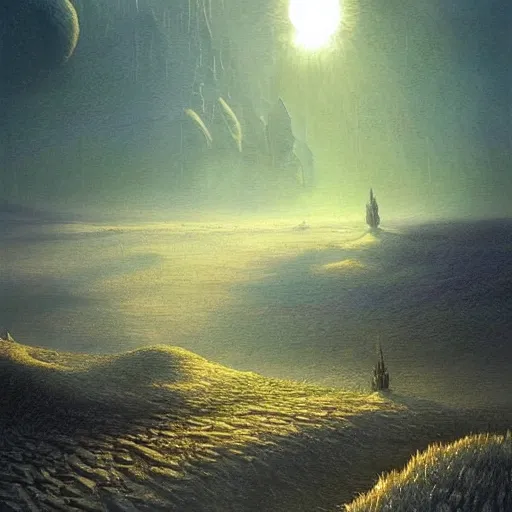 Image similar to artistic digital artwork of an epic natural scene on an alien planet. beautiful landscape by vincent bons, michael whelan, remedios varo and gerardo dottori. grainy and rough. interesting pastel colour palette. beautiful light. oil and water colour based on high quality render.