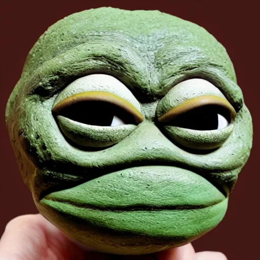 Image similar to clay head of pepe the frog, 3d sculpture, textured, fine detail, lifelike, photo, high resolution