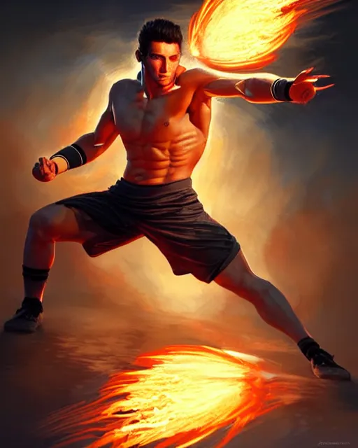 Image similar to Muscular male tennis player hitting a powerful ball of fire, art deco, fantasy, intricate fire designs, elegant, highly detailed, sharp focus, art by Artgerm and Greg Rutkowski and WLOP