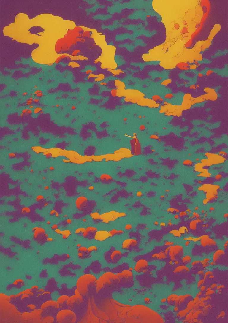 Prompt: LSD blotter melting into a surreal psychedelic hallucination, screenprint by kawase hasui, moebius, Edward Hopper and James Gilleard, Zdzislaw Beksinski, Steven Outram colorful flat surreal design, hd, 8k, artstation