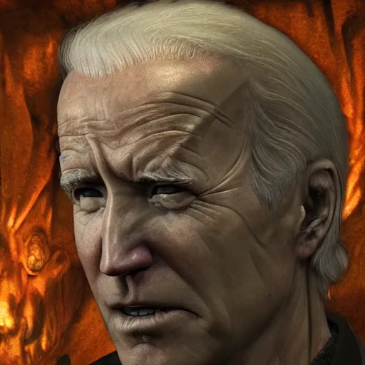 Prompt: biden in dante's inferno painting, skeletons, crosses, dark beauty, rotten gold, closeup faces, extremely detailed, cinema 4 d, unreal engine.