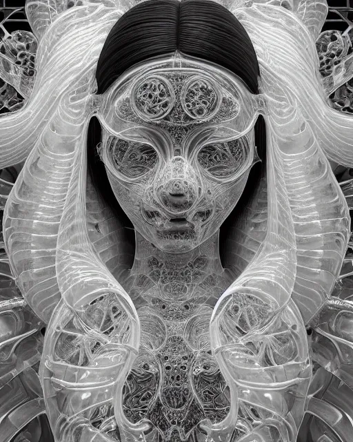 Image similar to mythical dreamy black and white organic bio - mechanical spinal ribbed profile face portrait detail of translucent steampunk beautiful female angelic - human - queen - vegetal - cyborg, highly detailed, intricate crystal ivy jelly ornate, poetic, translucent roses ornate, 3 d render, digital art, octane render, 8 k artistic photography, photo - realistic, by dora maar