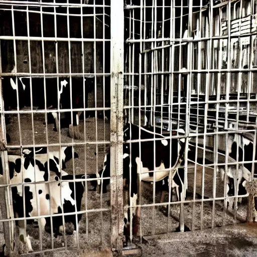 Image similar to dirty bottle of milk and a cow inside a cage, inside slaughterhouse