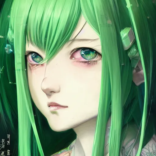 Prompt: girl with long light green hair, light green eyes, a small pigtail on the left side, chinese dress, anime style, hyper detailed, illustration, digital painting, art by artgerm and greg rutkowski and alphonse mucha, high delicate defined details, anime stylized, highly detailed, realistic, sharp focus, artstation