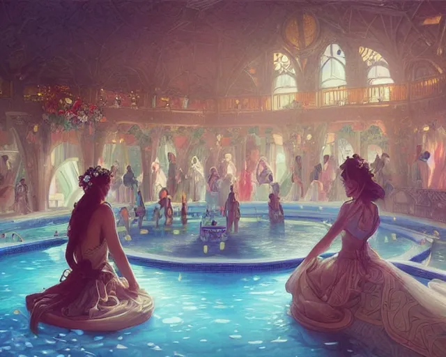 Image similar to a wedding in a swimming pool, photography of kurzgesagt, deep focus, d & d, fantasy, intricate, elegant, highly detailed, digital painting, artstation, concept art, matte, sharp focus, illustration, hearthstone, art by artgerm and greg rutkowski and alphonse mucha