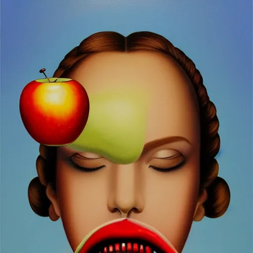 Image similar to a painting of a woman with an apple in her mouth, an ultrafine detailed painting by rafal olbinski, behance contest winner, pop surrealism, detailed painting, skeuomorphic, airbrush art