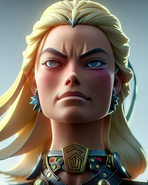 Image similar to azctec warrior, margot robbie, detailed perfect face, exquisite details, fire magic, mid view, design on a white background, by studio muti, greg rutkowski makoto shinkai takashi takeuchi studio ghibli