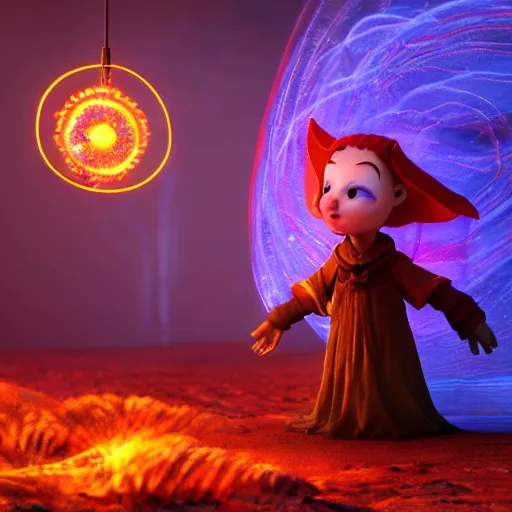 Image similar to fire mage casting a spell expressive eyes, floating, rbc, bunny, radiolaria, protophyta, micro - organisms, center frame, symmetric, rim light, marine microbiology, bioluminescence, electric, fur, soft, concept art, intricate details, highly detailed, colorful, photorealistic, disney pixar, octane render,