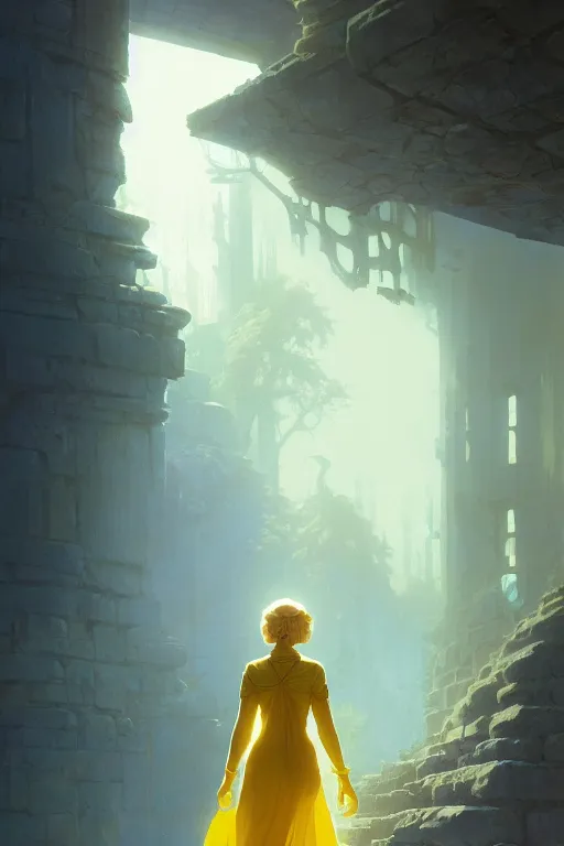 Prompt: invisible woman wearing a tunic made of yellow paper, stephen bliss, unreal engine, fantasy art by greg rutkowski, rhads, ferdinand knab, makoto shinkai and lois van baarle, ilya kuvshinov, rossdraws, tom bagshaw, global illumination, radiant light