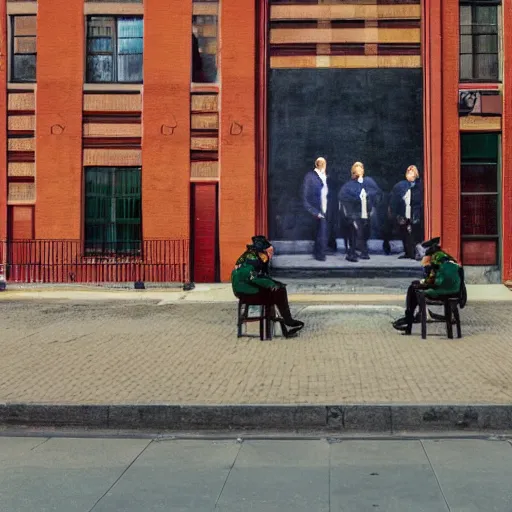 Image similar to istock organic by j. m. w. turner, by okuda san miguel. the mixed mediart of a police station in the lithuanian city of vilnius. in the foreground, a group of policemen are standing in front of the building, while in the background a busy street can be seen.