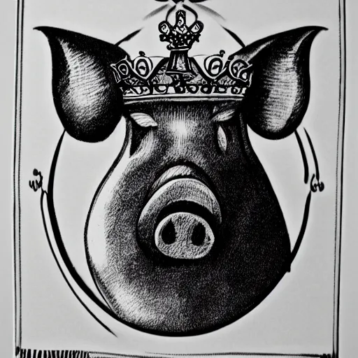 Image similar to pig in crown in style of Micah Ulrich, black and white