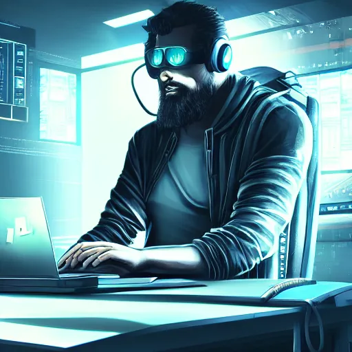 Image similar to realistic successful man typing on laptop in gaming room, artstation trends, cyberpunk concept art, highly detailed, intricate, sharp focus, digital art, 8 k