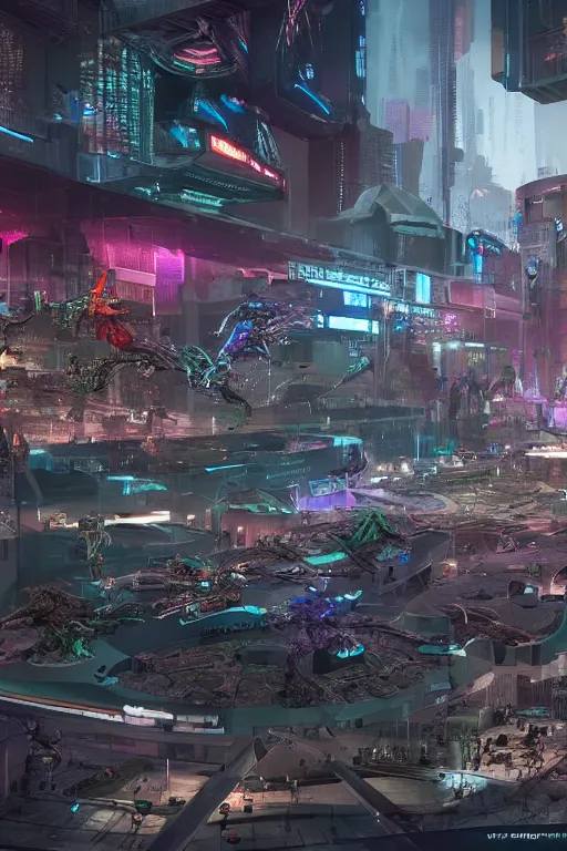 Prompt: 3D render of a futuristic cyberpunk zoo made up of cyborg animals. Dystopian. Noir. Photo realistic. highly detailed. Cinematic lighting. Trending on artstation. Masterpiece. Intricate. Majestic. Digital art. Unreal engine 5. Concept art