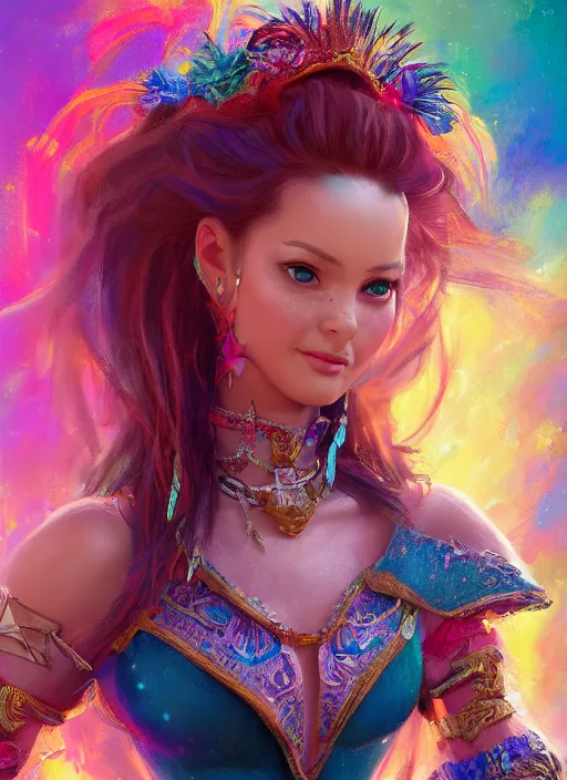 Prompt: detailed concept art illustration oil painting of a Disney warrior princess in full intricate colorful clothing, ultra detailed, digital art, octane render, 4k