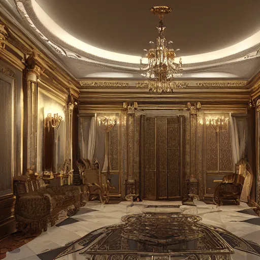 Image similar to luxurious interior palace, hyperdetailed, raytracing, octane render