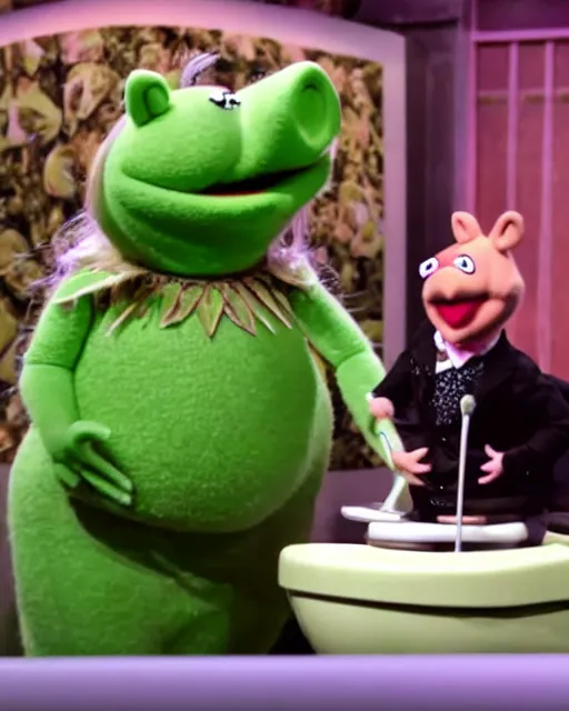 Prompt: miss piggy giving a ted talk on stable diffusion to an audience of muppets about the future of image generation. on the giant video screen behind miss piggy is picture of salvador dali sitting on an avocado toilet, photorealistic, ted talks, muppets