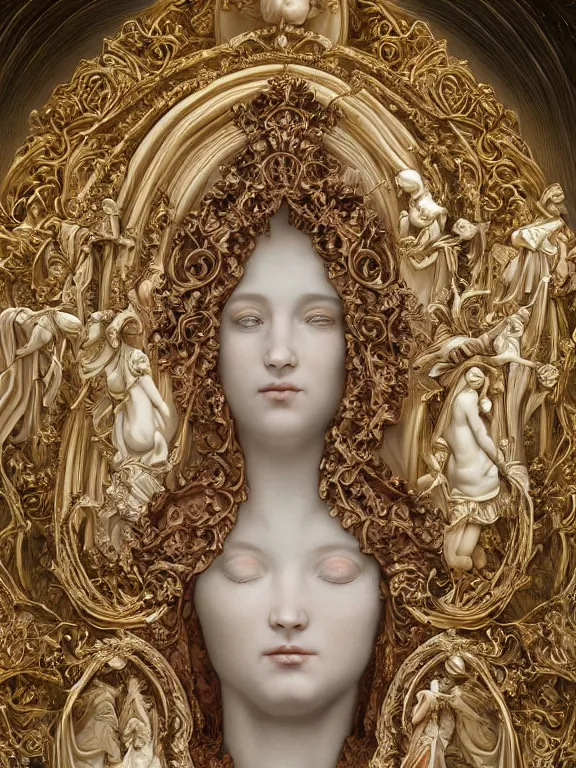 Prompt: a beautiful render of baroque catholic veiled Virgin sculpture with symmetry intricate detailed,by Nekro and peter gric and aaron horkey and Billelis,Trending on artstation,ZBrush,fractalism,maximalism,glittering,Ligne Claire,gold,ivory,copper verdigris,hyperreal