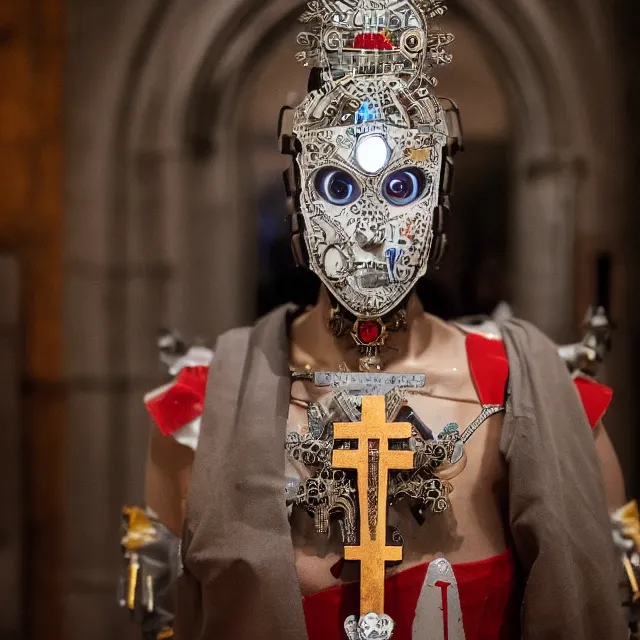 Image similar to a beautiful cyborg made of catholic symbols ceremonial maske