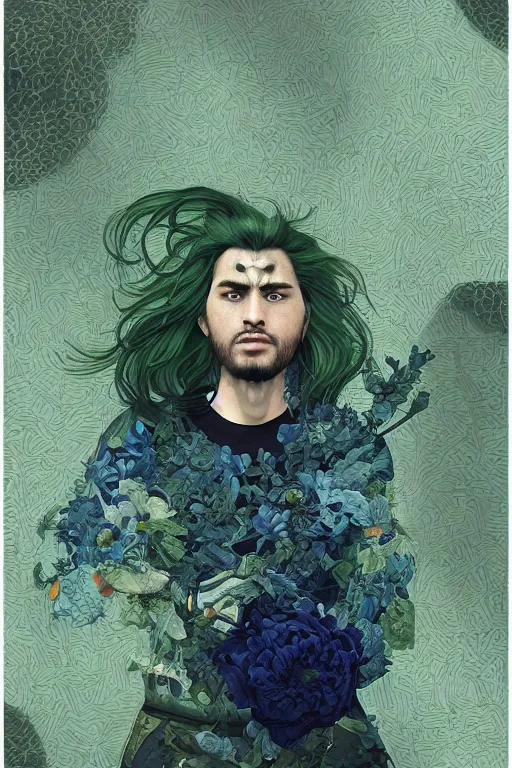 Image similar to portrait of a man with cracked thick skin. dark blue-green hair, dark flower pattern wallpaper background, high detail, by Eddie Mendoza