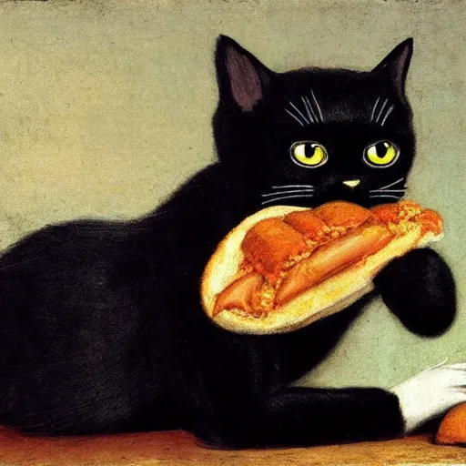 Prompt: cute Black Cat eating a big sandwich by Rembrant.