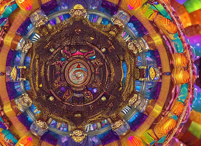 Image similar to hyperrealism, detailed textures, photorealistic 3 d render, a coloured beautiful mystical tibetan kalachakra crystal mandala with sanskrit writing, sharp focus, ultra realistic, ultra high pixel detail, cinematic, intricate, cinematic light, concept art, illustration, art station, unreal engine 8 k