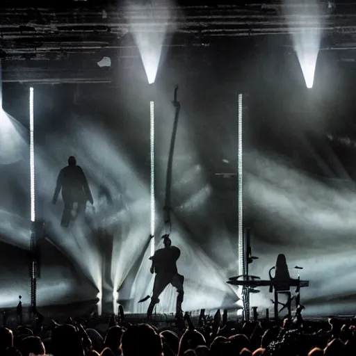 Prompt: gigantic Trent Reznor smashing guitars, group of people on stage playing instruments, elaborate stage effects, dust, smoke, giant LED screens, colored projections, ultrafine detail, cybersuit, glowing thin wires, smoke, high contrast, projections, holography, volumetric lighting