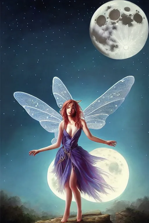 Image similar to attractive fairy magically floating high in the night, fantasy, full moon in background. highly detailed painting by artgerm, mid shot, 8 k