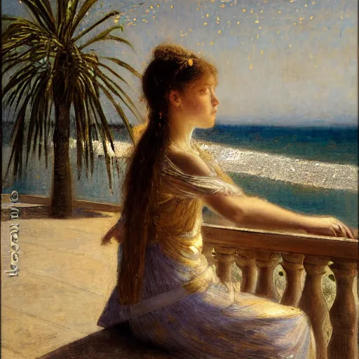 Image similar to a ultradetailed beautiful painting of a girl in the amazonas palace balustrade designed by jules bastien - lepage, hans belmer, frank weston and gustave baumann, beach, trending on artstation, mediterranean, palm trees, refracted color sparkles, sharp focus, soft light, 8 k 4 k