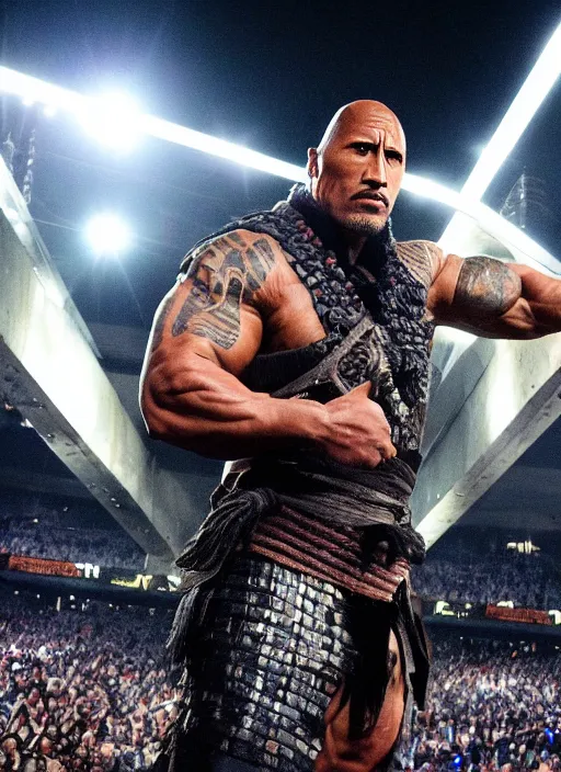 Image similar to dwayne johnson entering entrances ramp of smackdown as samurai!