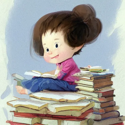 Image similar to a cute little girl with a round cherubic face, blue eyes, and short wavy light brown hair sitting on top of a stack of books. beautiful cartoon painting with highly detailed face by quentin blake and greg rutkowski