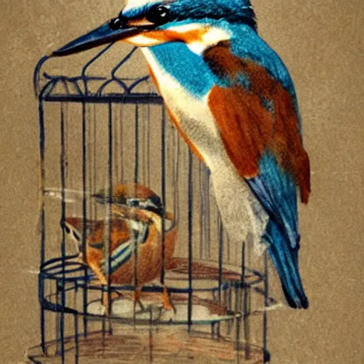 Image similar to kingfisher in a bird cage, realistic, high detail