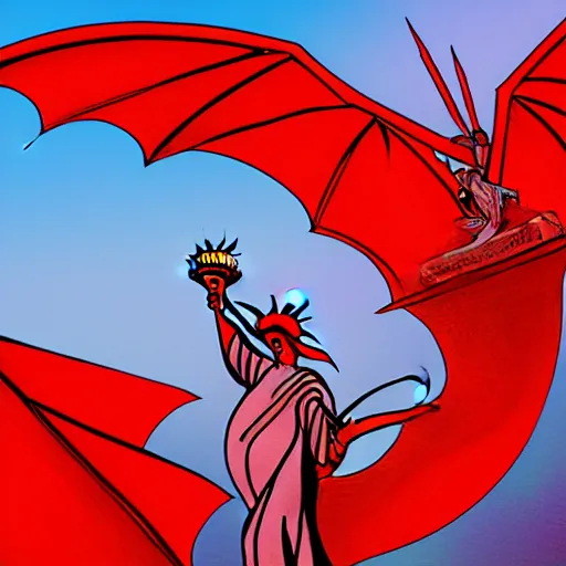 Prompt: Lady Liberty riding the red dragon of 龙, no noise, elegant, concept art, sharp focus, digital art, smooth defined outlines