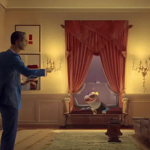 Prompt: a red headed man receiving a subpoena from the fbi at his mansion, ultra photorealistic film still in new york. sparkling lights, wide shot, frog perspective, ultra sharp, wes anderson, studio ghibli, pixar and disney animation, octane render, anime key art by greg rutkowski, bloom, dramatic lighting