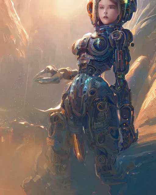 Image similar to holy cyborg girl with golden armor, elegant, scifi, futuristic, utopia, garden, colorful, lee ji - eun, illustration, atmosphere, top lighting, blue eyes, focused, artstation, highly detailed, art by yuhong ding and chengwei pan and serafleur and ina wong