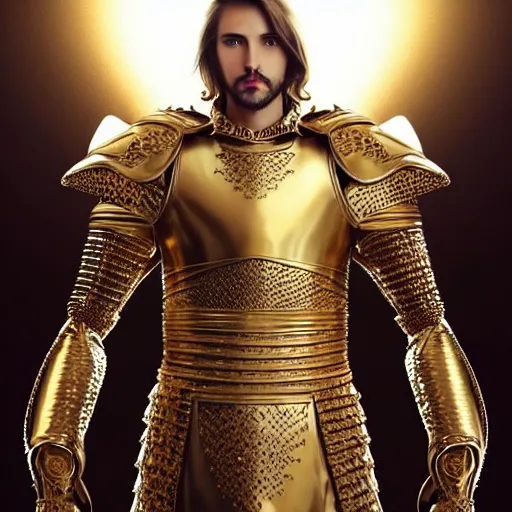 Image similar to Hyper-realistic photo of the King of the Desert, Gold Armour suit, Sword, handsome attractive face, attractive young man, beautiful face, dramatic lighting, majestic, D&D, fantasy, elegant, intricate, highly detailed, digital painting, concept art, sharp focus, illustration, trending on artstation, art by artgerm and greg rutkowski and alphonse mucha