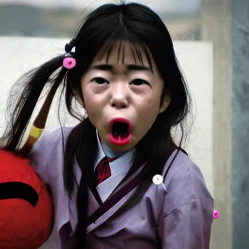 Image similar to National Geographic photo of angry japan school girl with spiders in her mouth