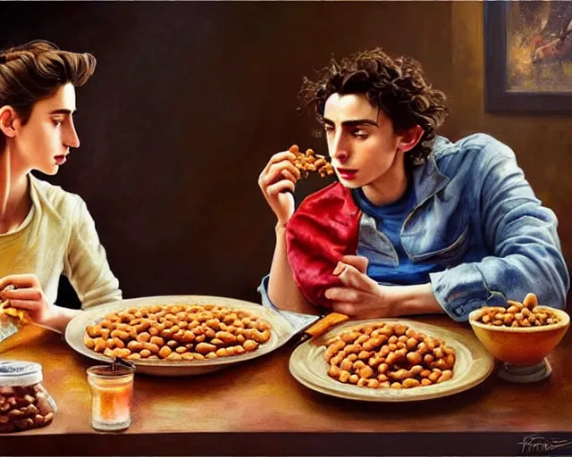 Prompt: portrait of timothee chalamet and ana de armas eating baked beans, hyung tae, frank frazetta, hyper realistic, artstation, illustration, digital paint, matte paint, vivid colors, bright, cheerful, detailed and intricate cathedral kitchen environment