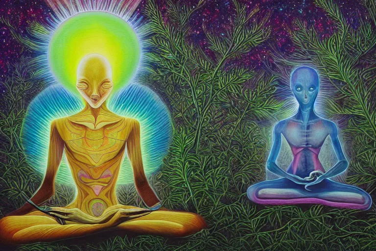 Image similar to painting of a tranquil alien made of light and glows meditating in dense forest by alex grey, acrylic art, ethereal, soothing, somber, elegant, warm light, cozy, breathtaking,