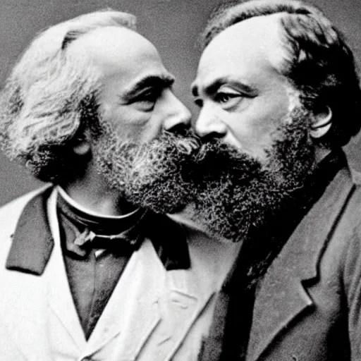 Image similar to Karl Marx and Nietzsche kissing, bedroom background, photo, 1920