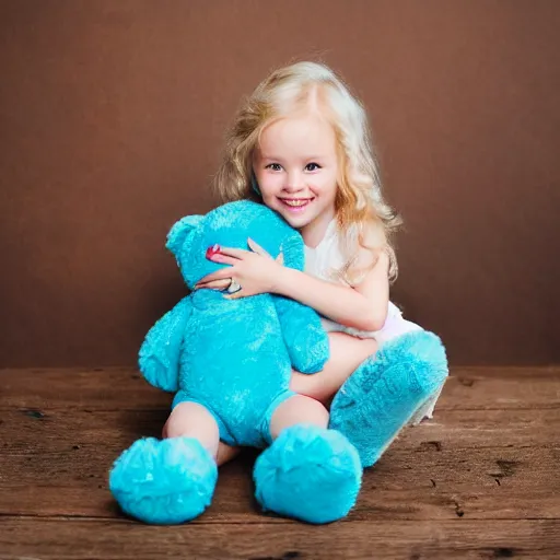 Prompt: 2 year old girl portrait, blonde, blue eyes, hugging teddybear,