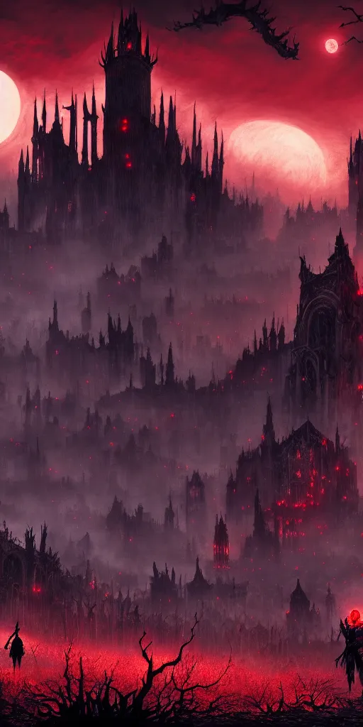 Image similar to populated bloodborne old valley with a dark person at the centre and a ruined gothic city in the background, trees and stars in the background, falling red petals, epic red - orange moonlight, perfect lightning, wallpaper illustration by niko delort and kentaro miura, 4 k, ultra realistic