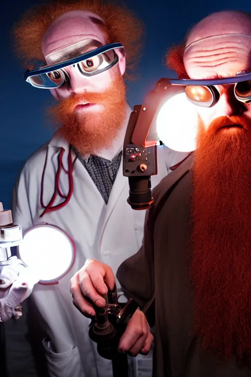 Prompt: a person with 3 eyes, person with a 3rd eye in the middle of their forehead, an awkwardly tall scientist with 3 eyes and a tangled beard and unruly red hair atop his balding head wearing a headlamp a labcoat and welding goggles and holding a beaker, led headlamp, high resolution film still, movie by Ivan Reitman